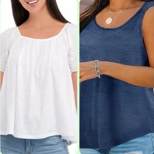 Women’s Tops Bundle Crown & Ivy White Eyelet Blouse L & Navy Oversized Tank 2XL